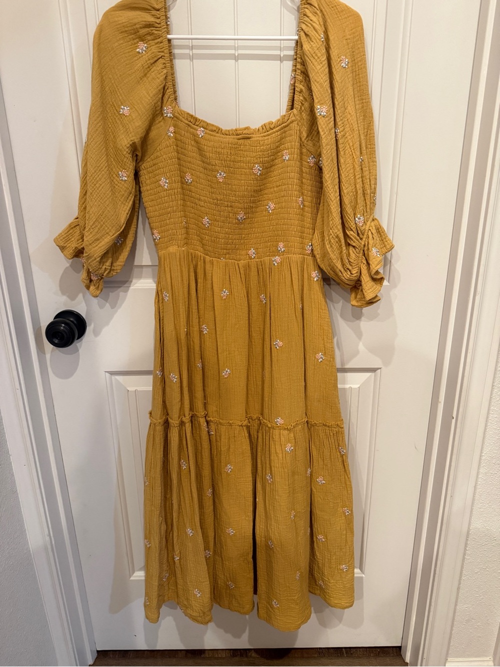 Smocked Square-Neck Midi Dress in Mustard Yellow